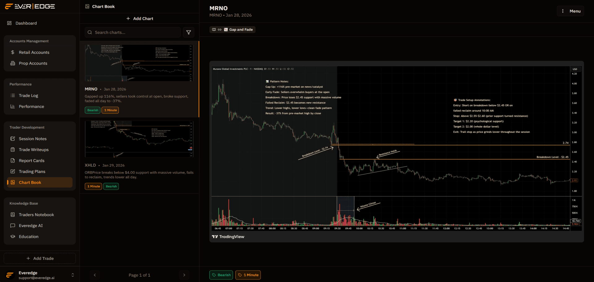 A chart book in Everedge: annotated chart screenshots tagged and linked to playbooks and strategies