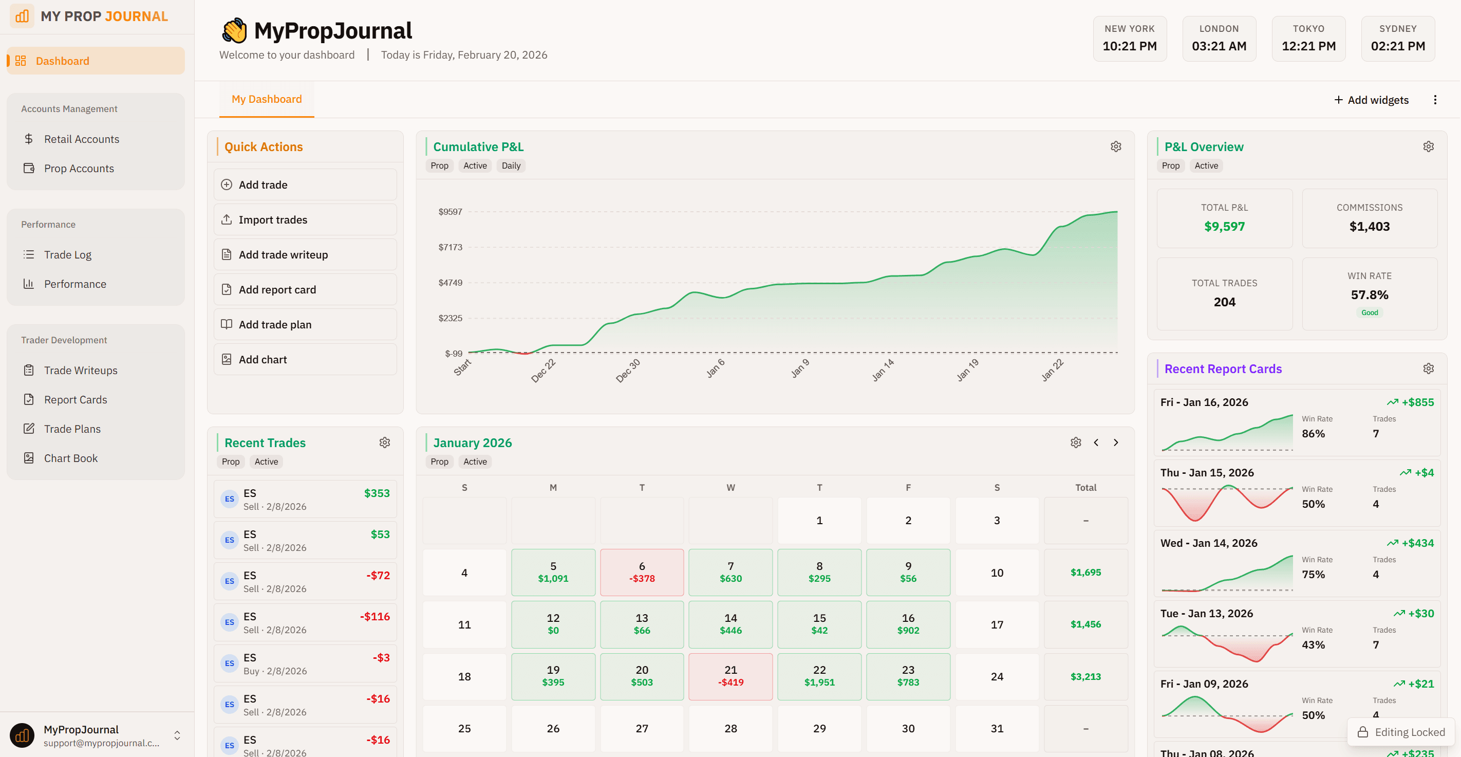 Trade journal dashboard showing customizable widgets and performance analytics